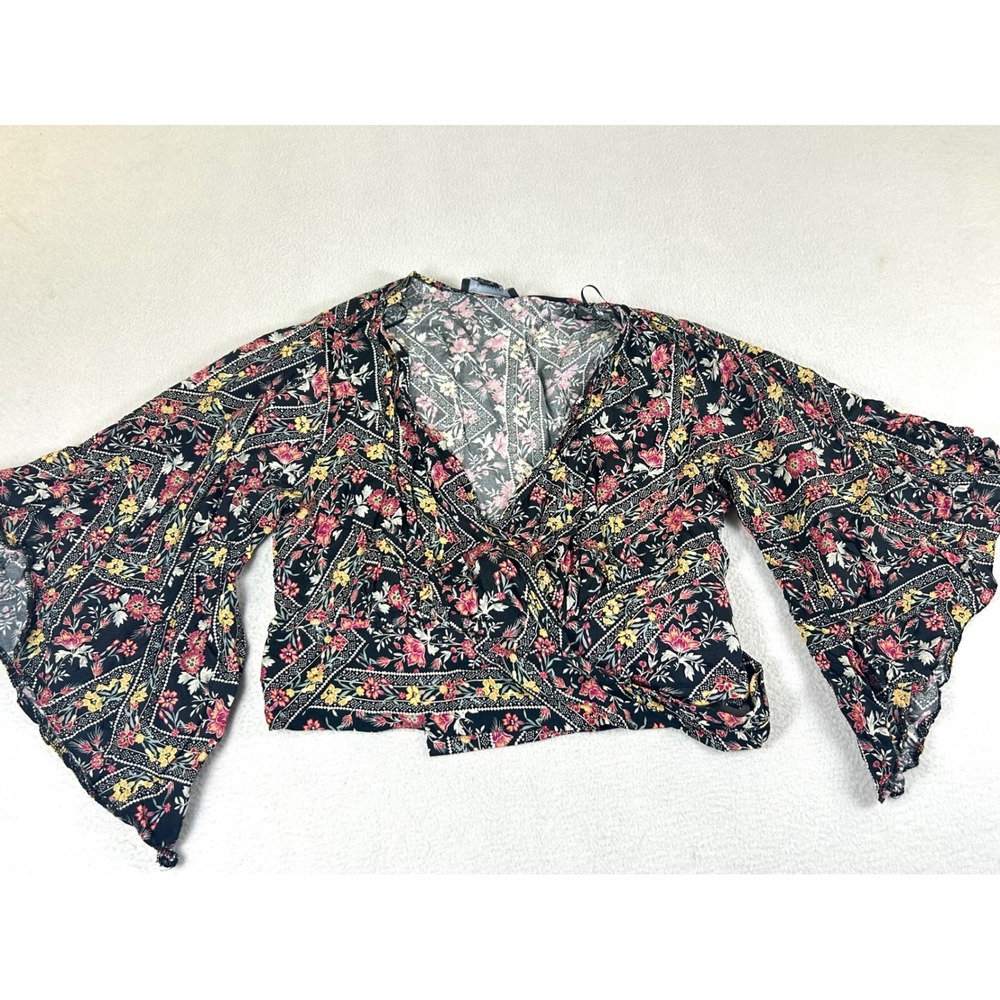 Primark Wrap Top Womens 6‎ Black Floral Boho Festival Bell Sleeve SS18